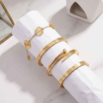 Stackable Gold Bracelets for Women - 4 Sets, 18K Gold Plated Bracelets, Stainless Steel Bangle Bracelets Non-Tarnish, Stylish Gold Jewelry Ensemble, Valentine's Day, Birthday and Christmas Jewelry Gifts - color: A1-(Gold 4Sets)