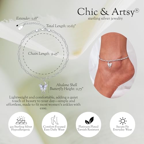 CHIC & ARTSY 925 Sterling Silver Ankle Bracelets for Women, Adjustable Layered Foot Chains with Nature & Symbol Charms, Lightweight Comfort Fit Boho Beach Everyday Jewelry - color: # Shell Butterfly Anklet