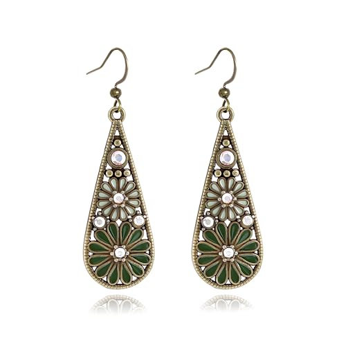 MALOYANVE Bohemian Crystal Teardrop Earrings for Women Vintage Tribal Geometric Enamel Rhinestone Hollow Flower Earring Handmade National Statement Jewelry Gift - color: Olive Green