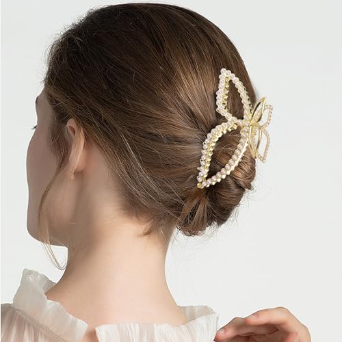 Butterfly Hair Clips Pearl Hair Claw Clip Large Spring Gold Butterfly Jaw Hair Clamps for Women Girls Non-slip Hair Barrettes Summer Hair Accessories for Thick or Thin Hair