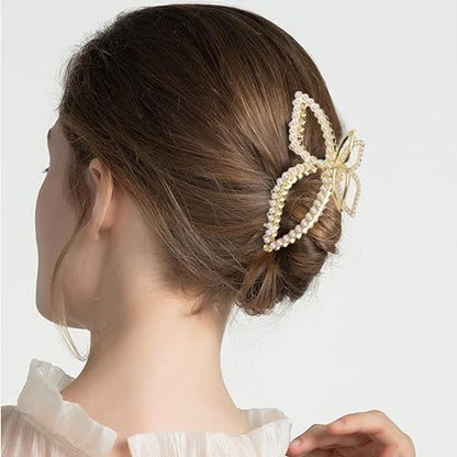 Butterfly Hair Clips Pearl Hair Claw Clip Large Spring Gold Butterfly Jaw Hair Clamps for Women Girls Non-slip Hair Barrettes Summer Hair Accessories for Thick or Thin Hair