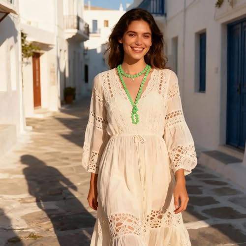 Firstmeet Flat Round Coin Shell Beads Long Knotted Necklace Natural Mother of Pearl Handmade Jewelry For Women - color: Apple Green