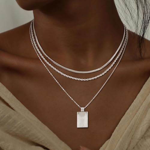 CHESKY Layered Silver Necklace for Women Trendy,Dainty Silver Plated Stackable Charm Necklace Layering Paperclip Tennis Rope Chain CZ Pendant Jewelry Set Gifts - style: Square