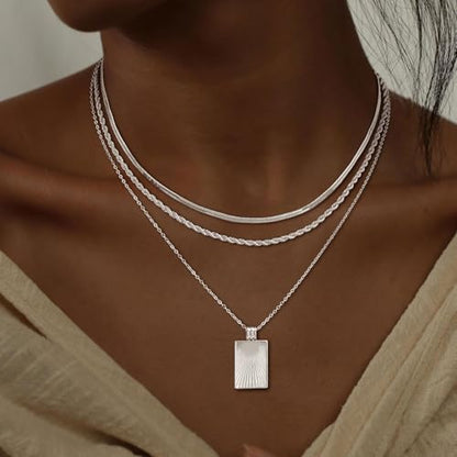 CHESKY Layered Silver Necklace for Women Trendy,Dainty Silver Plated Stackable Charm Necklace Layering Paperclip Tennis Rope Chain CZ Pendant Jewelry Set Gifts - style: Square