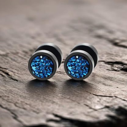 10mm Women Mens Black Circle Stud Earrings Black Glitter, Steel Cheater Fake Ear Plugs Gauges Tunnel - color: Color: Black & Blue