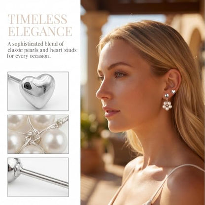 Hypoallergenic Pearl Earrings Set for Women | S925 Sterling Silver & Stainless Steel, Daisy Heart & Hook & Teardrop Dangle & Huggie Hoop, Simulated Pearl, Sensitive Ears - color: White Gold Heart Flower