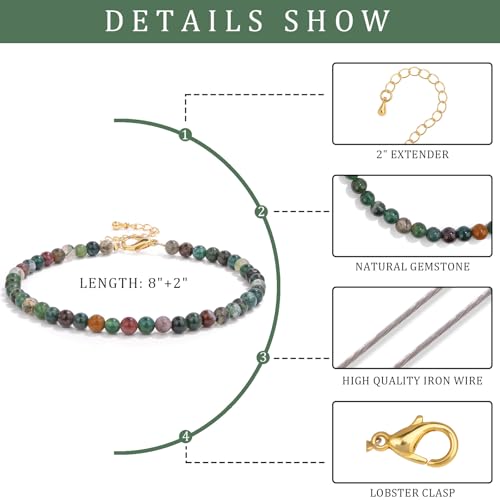 Natural Stone Beaded Anklets for Women, Handmade Boho Clear Quartz 4mm Crystal Beads Anklet, Gold Chain Adjustable Ankles Bracelet, Beach Summer Jewelry Gemstone Foot Bracelet Gift - color: Indian Agate