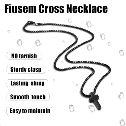 Fiusem Cross Necklace for Men, Silver/Gold/Black Mens Cross Necklaces with 2.5mm Cross Chain and Stainless Steel Cross Pendant, Box Chain 16-24 Inch, Jewelry Gift - size: 16.0 Inches, style: Tiny black cross: 0.8" * 0.4"