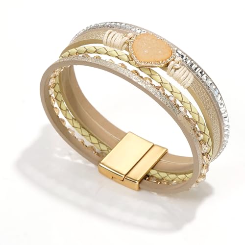 Suyi Multilayer Leather Wrap Bracelet Heart-Shape Wide Bracelets for Women - color: Khaki 2