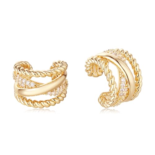 Gold Ear Cuff Earring for Women 14K Gold Plated Cubic Zirconia Non-Pierced Clip on Cartilage Chunky Ear Cuffs Hypoallergenic Jewelry - style: x rope / pair
