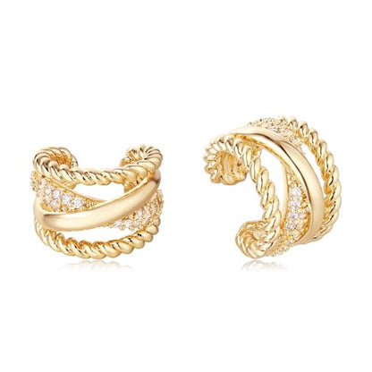 Gold Ear Cuff Earring for Women 14K Gold Plated Cubic Zirconia Non-Pierced Clip on Cartilage Chunky Ear Cuffs Hypoallergenic Jewelry - style: x rope / pair