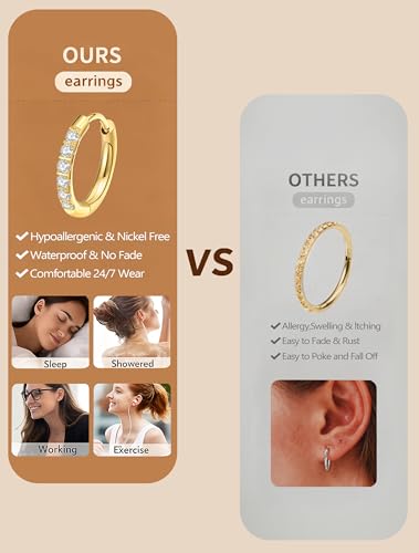 316L Surgical Steel Huggie Hoop Earrings | Dainty Pave Cubic Zirconia Cartilage Tiny Earring for Sensitive Ears Hypoallergenic Lightweight for Women Men - style: Gold Plated,18G*8/10/12mm