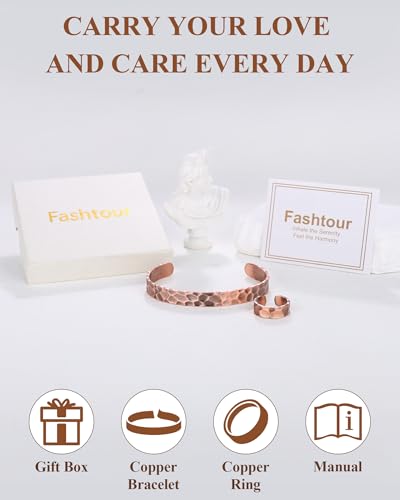 Pure Copper Bracelet and Ring Set – Copper Bracelet for Men & Women – 100% Solid, Raw & Uncoated Handmade Hammered Tibetan Cuff Bangle - color: copper079