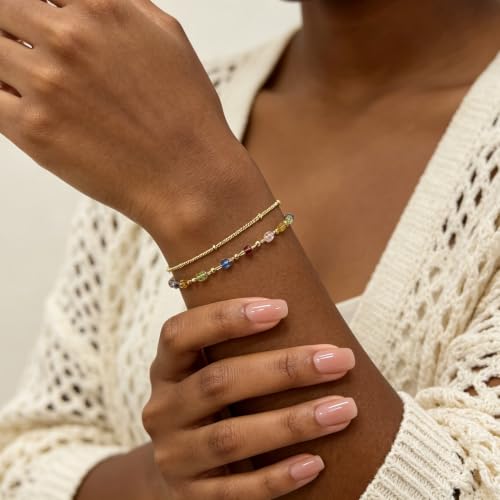 Gold Bracelets for Women Dainty 14K Gold Plated Layered Chain Bracelets Turquoise Green Aventurine Crystal Beaded Bracelets for Women - color: Colorful Crystal