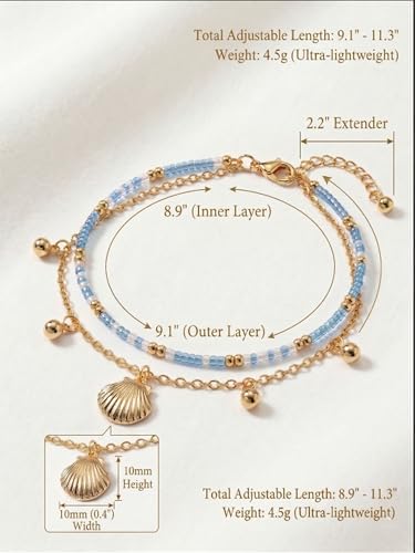 Shells Ankle Bracelets for Women Waterproof Boho Summer Beach Jewelry Trendy Dainty 14K Gold layered Shell Anklet Foot Jewelry Gifts