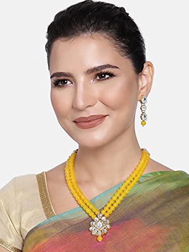 Aheli Wedding Faux Kundan Pendant Beaded Necklace Earrings Set Bollywood Indian Bharatanatyam jewellery set Gift for Women - color: Yellow