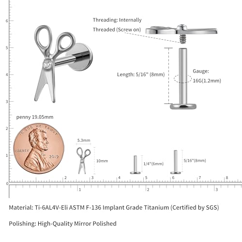 16G 6mm 8mm ASTM F136 Titanium Cartilage Piercing Jewelry Stud for Tragus Helix Conch Flat - color: Scissor - Tit