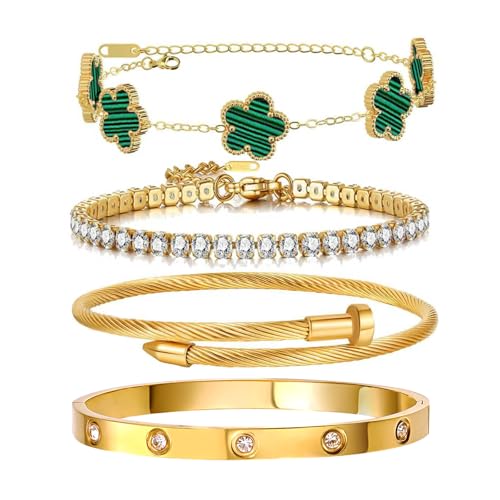 Gold Bracelets for Women, 18K Gold Plated Women Tennis Bracelets Clover Nail Love Bangle Bracelet Set, Gold Bracelet Stackable Set Trendy Jewelry, Gifts for Women's Day and Mother's Day - color: 07-Color-green
