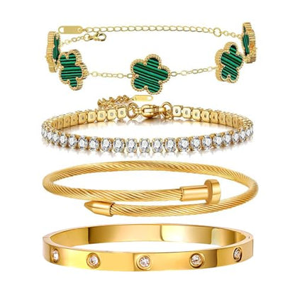Gold Bracelets for Women, 18K Gold Plated Women Tennis Bracelets Clover Nail Love Bangle Bracelet Set, Gold Bracelet Stackable Set Trendy Jewelry, Gifts for Women's Day and Mother's Day - color: 07-Color-green