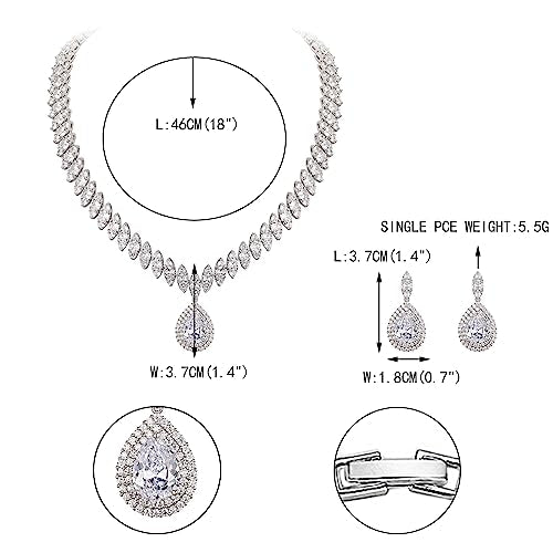 EVER FAITH CZ Marquise Leaf Teardrop Wedding Prom Jewelry Set for Women | Birthstone Pendant Necklace Dangle Earrings - color: Clear