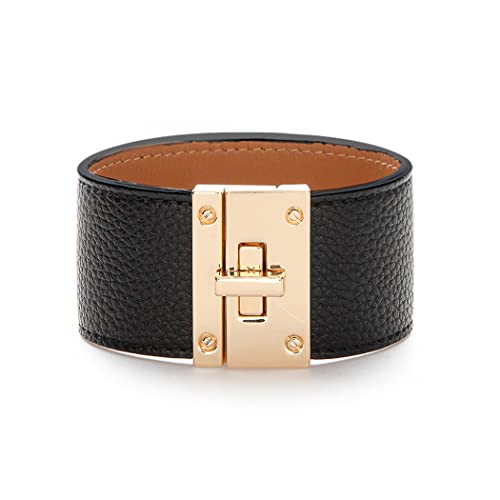 Rantanto Leather Wrap Bracelets For Women Gold Twist Lock Buckle Wrist Cuff | PU leather,Skin-friendly,Boho Stackable Wristband,Fashion Daily Jewelry,Trend Casual Party Bangle,Fit For Birthday, Holiday - color: Wide Black