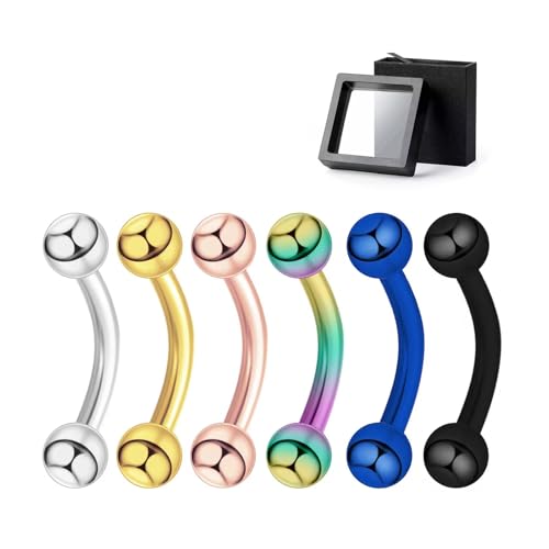 Surgical Stainless Steel Curved Barbell Eyebrow Tragus Helix Ear Belly Lip Ring Body Piercing Jewelry Set - Silver, Gold, Rose Gold, Multicolor, Blue, Black - Stylish Eyebrow Rings for Women, Vertical Labret Lip Piercing Included - size: 6 mixed colors-ba