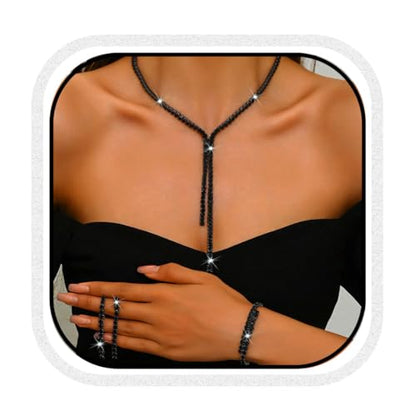 Silver Bridal Wedding Jewelry Sets Rhinestone Necklace Earrings Bracelet Set Prom Formal Costume Jewelry Sets for Women and Brides - color: Black