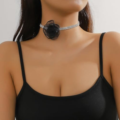 Rose Black Velvet Floral Choker Necklace - Camellia Daisy Rosette - Spring Summer Flower Jewelry - color: Black3
