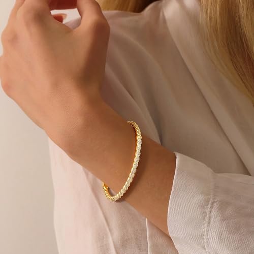 Turandoss Dainty Tennis Bangle Bracelets for Women Jewelry Gifts | 14K Gold Plated, Personalized Tennis Bracelets, Trendy Cubic Zirconia Bangle Bracelet, Jewelry Gifts for Mom Wife Sister - color: Half CZ Bangle - Twisted Tennis