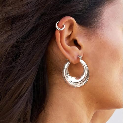 Chunky Gold Hoop Earrings for Women Non Tarnish, 14k Gold Plated Thick Triple Hoop Earrings Hypoallergenic Trendy Hoops Dainty Jewelry Gifts for Women - style: silver chunky hoop earrings
