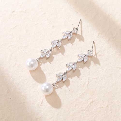 Crysdue Simulated Pearl Earrings for Women, Dainty Silver/Gold/Rose Gold Plated Cubic Zirconia Drop Dangle Earrings Wedding Jewelry for Bride Bridesmaid - style: D_CZ+pearl, gold