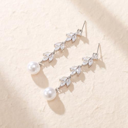 Crysdue Simulated Pearl Earrings for Women, Dainty Silver/Gold/Rose Gold Plated Cubic Zirconia Drop Dangle Earrings Wedding Jewelry for Bride Bridesmaid - style: D_CZ+pearl, gold
