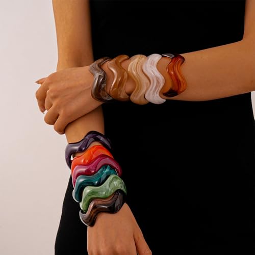 Creative Wave-shaped Opening Cuff Bracelets Statement Colorful Geometric Chunky Bangle Bracelets Acrylic Resin Irregular Wristbands for Beach Vacation Jewelry - color: Rose Red