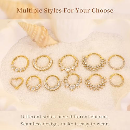 Cartilage Daith Earrings For Women Small 14K Gold Plated Hoop Hypoallergenic Helix Piercing Huggie Surgical Steel Diamond Implant Cubic Zirconia Prom Gift Jewelry - color: Style3-Gold, size: 16g-10mm