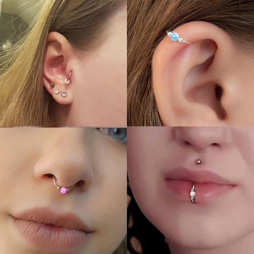 2 Pcs Small Cartilage Hoop Earrings for Women Men, 18G Opal Silver Earrings Hypoallergenic 316L Surgical Steel Hinge Huggie Hoop Earrings for Helix,Tragus,Conch,Rook,Earlobe Piercing Jewelry Nose Ring - style: 2Pcs 8mm Purple Opal/Gold