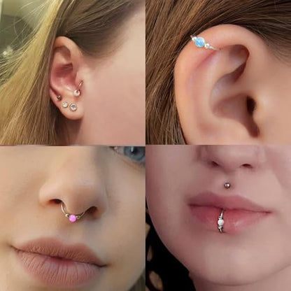 2 Pcs Small Cartilage Hoop Earrings for Women Men, 18G Opal Silver Earrings Hypoallergenic 316L Surgical Steel Hinge Huggie Hoop Earrings for Helix,Tragus,Conch,Rook,Earlobe Piercing Jewelry Nose Ring - style: 2Pcs 8mm Purple Opal/Gold