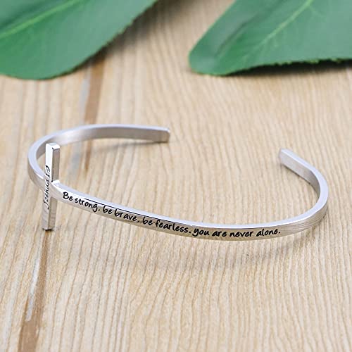 𝐂𝐫𝐨𝐬𝐬 𝐁𝐫𝐚𝐜𝐞𝐥𝐞𝐭 Religious Cuff Bangle 𝐁𝐢𝐛𝐥𝐞 𝐕𝐞𝐫𝐬𝐞 Christian Gifts Jewelry for 𝐖𝐨𝐦𝐞𝐧 - style: Silver cuff-Be strong ,Be brave ,Be fearless.you are never alone -Joshua 1:9