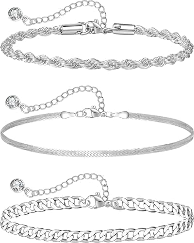 Sterling Silver Ankle Bracelets for Women Strong Lobster Clasp - Cuban Link, Figaro, Rope, Flat Mariner, Snake Herringbone, Satellite, Paperclip - Summer Beach Waterproof Silver Anklet - color: Curb, Snake, Rope