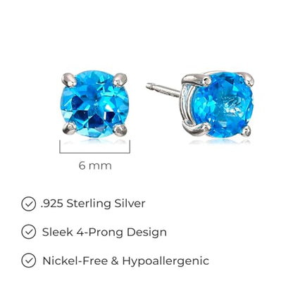 Amazon Essentials Sterling Silver Round Birthstone Stud Earrings - color: Swiss Blue Topaz,December
