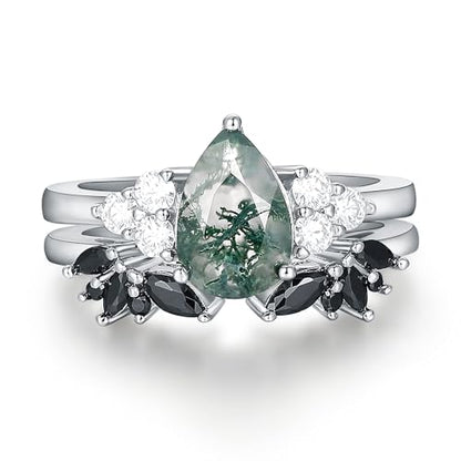 Moss Agate Bridal Wedding Rings Set for Women 925 Sterling Silver | Plated Platinum/Black Gold, Gothic, Vintage, Engagement Promise Ring, Anniversary Valentine Day Birthday Gift for Her - style: Platinum Plating Retro Open Ring