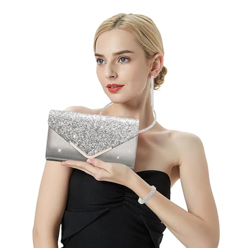 YYW 4 Pieces Women Evening Handbags Clutch Purse Bag with Rhinestone Crystal Jewelry Set for Wedding Party - color: Silver