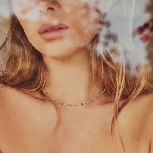 MTMY Beaded Necklaces for Women 14K Gold Plated Dainty Colorful Green/Rose Beaded Pearl Choker Necklace Delicate Boho Choker Necklace Jewelry Gift - style: Layer-colorful beads