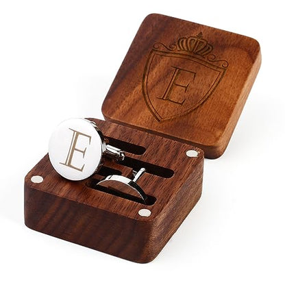 Mens Initial Silver Cufflinks A-Z Alphabet Letter Steel Cuff Links with Engraved Walnut Wood Box Groom Groomsman Wedding Set… - style: E