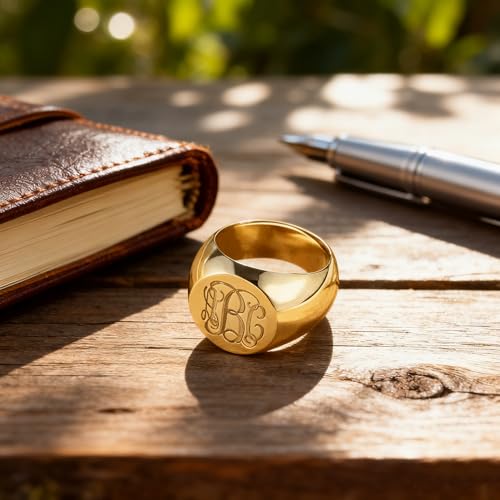 15mm Initial Ring 925 Silver/10K/14K/18K Gold Monogram Ring for Men Personalized Engraved Circle Monogram Signet Mens Ring Birthday Gifts - color: Yellow Gold
