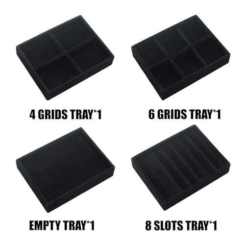 Small Jewelry Tray Set 4 Pcs Black Velvet Stackable Jewelry Organizer Tray Mini Jewelry Drawer Organizer for Necklace Ring Earrings Jewelry (4 Styles) - color: Black
