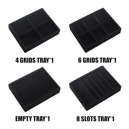 Small Jewelry Tray Set 4 Pcs Black Velvet Stackable Jewelry Organizer Tray Mini Jewelry Drawer Organizer for Necklace Ring Earrings Jewelry (4 Styles) - color: Black