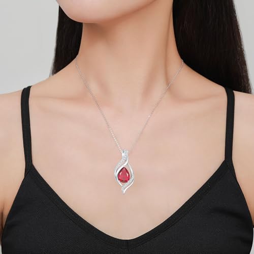 Birthstone Necklace for Women S925 Sterling Silver Teardrop | With Cubic Zirconia and Gemstones - Ideal Birthday Jewelry Gift for Her, Girlfriend, Wife, Mom on Birthday, Anniversary - color: 07 - Ruby