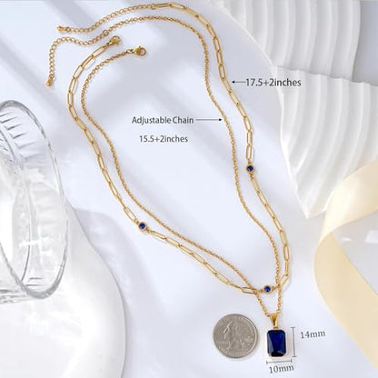 Birthstone Layered Pendant Paperclip Necklace 18k Gold Plated Heart Choker Chain Necklace Emerald Cut Jewelry Birthday Gift for Women - color: Emerald-Cut Sapphire