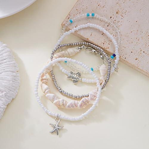 Beaded Starfish Mermaid Anklets Bracelet for Women Waterproof Starfish Shell Pearl Anklet Stackable Stretch Beaded Anklets Hawaiian Beach Jewelry Mermaid Costume Outfits Accessories - style: Turtle Starfish