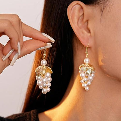 Baroque Faux Pearl Cluster Dangle Earrings for Women,Chunky Pearls Grape Dainty Gold Leaf Drop Statement Earrings Trendy Jewelry Gifts